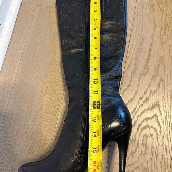 Vintage Black Embossed Monogram Knee-High Platform Stiletto Boots – EU 38 - Picture 12 of 17